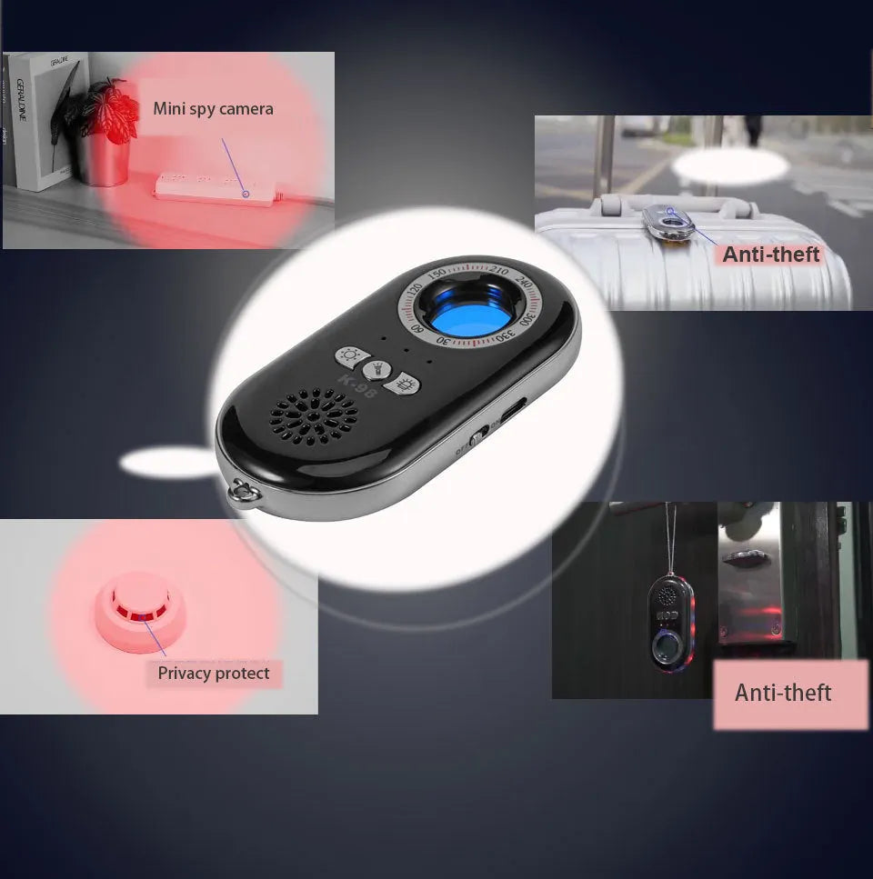Compact black wireless signal detector and anti-theft alarm with vibration sensor.