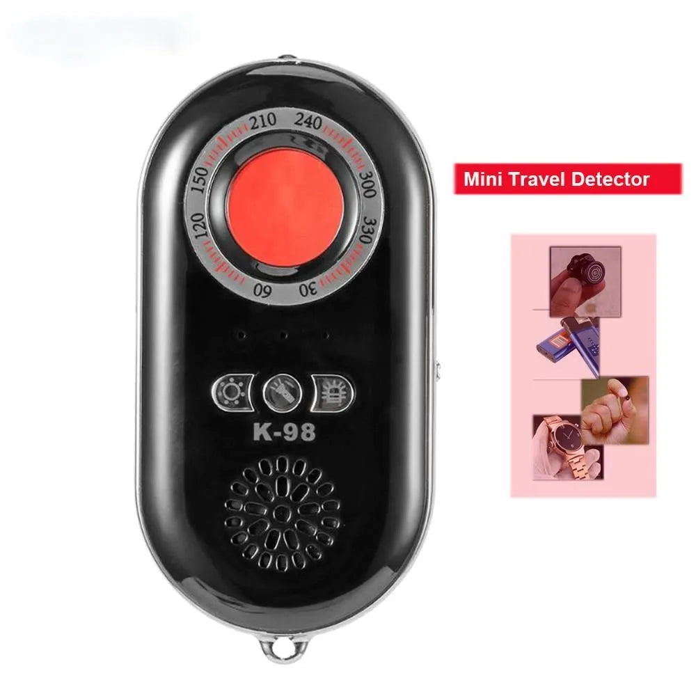 Compact black wireless signal detector and anti-theft alarm with vibration sensor.