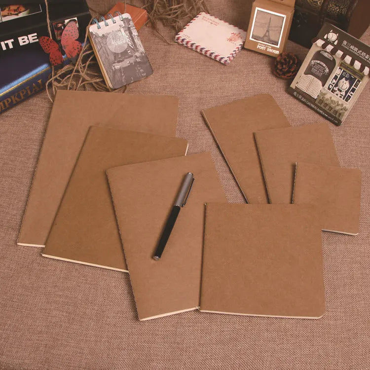 80g kraft paper notebook with blank pages, beige Dao Lin paper, and car thread stitch binding shown open on a flat surface
