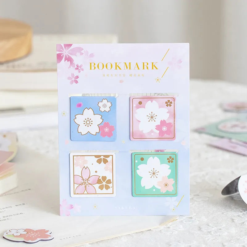 Set of four cherry blossom themed magnetic bookmarks on stone paper with magnetic strips