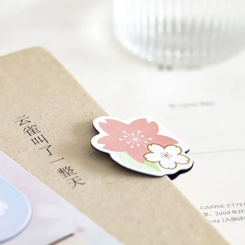 Set of four cherry blossom themed magnetic bookmarks on stone paper with magnetic strips