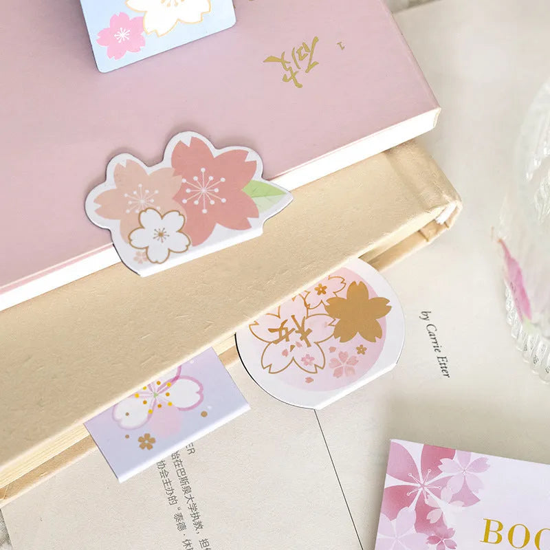 Set of four cherry blossom themed magnetic bookmarks on stone paper with magnetic strips
