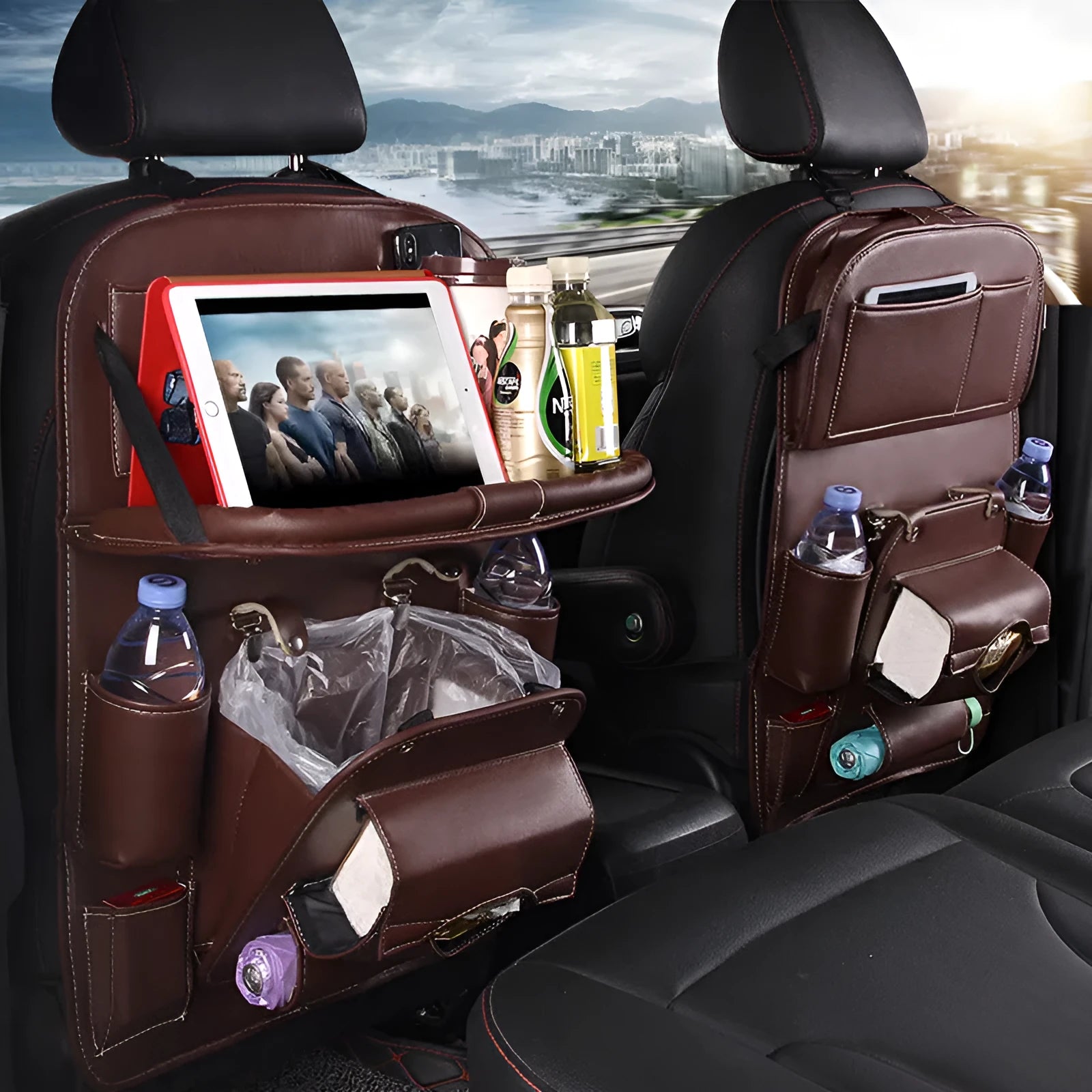 PU leather car seat back hanging organiser with pockets and built-in waste bin in multiple colour options.