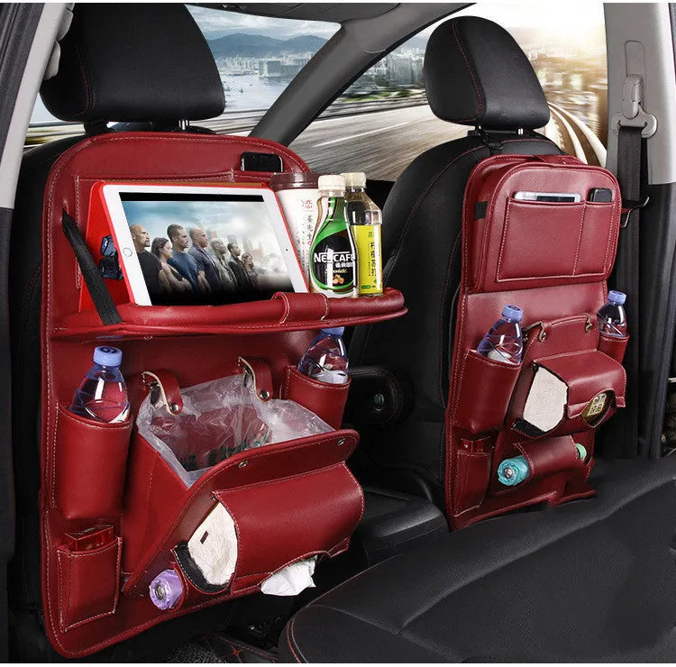 PU leather car seat back hanging organiser with pockets and built-in waste bin in multiple colour options.
