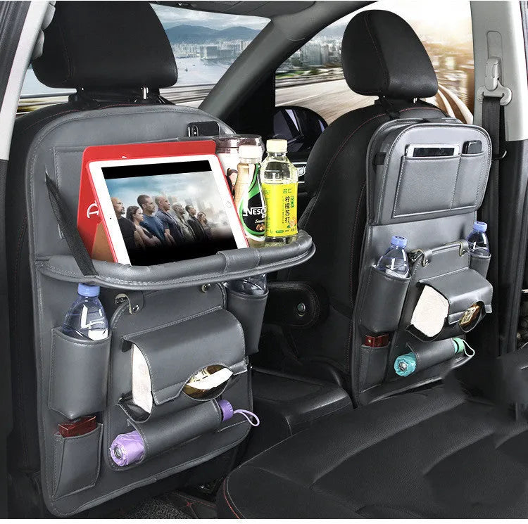 PU leather car seat back hanging organiser with pockets and built-in waste bin in multiple colour options.