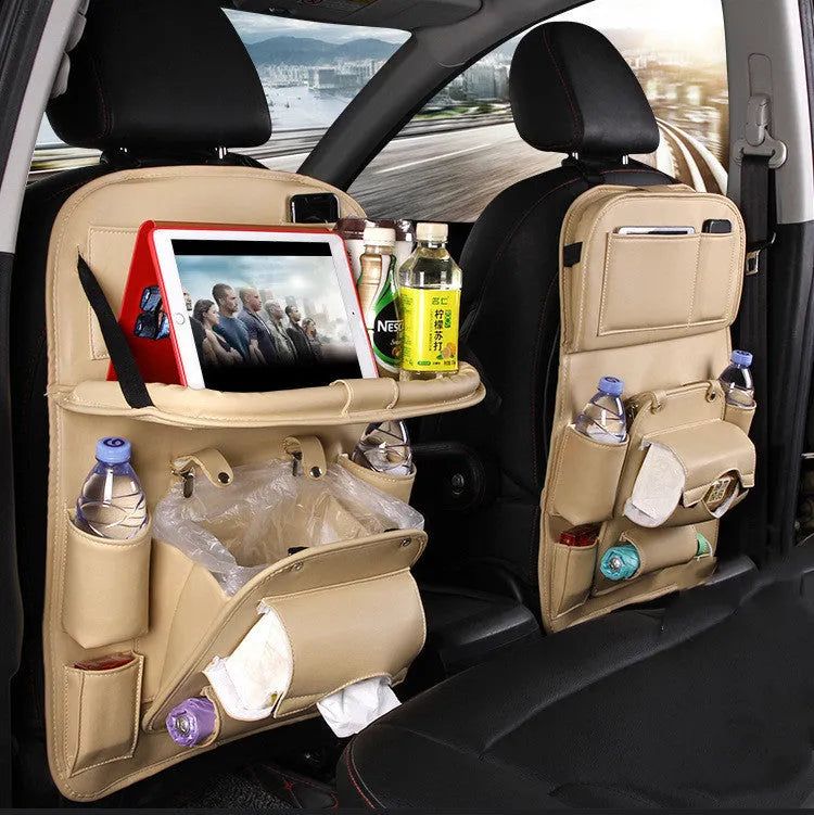 PU leather car seat back hanging organiser with pockets and built-in waste bin in multiple colour options.