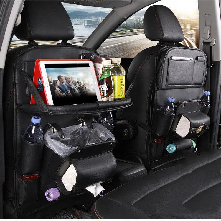 PU leather car seat back hanging organiser with pockets and built-in waste bin in multiple colour options.