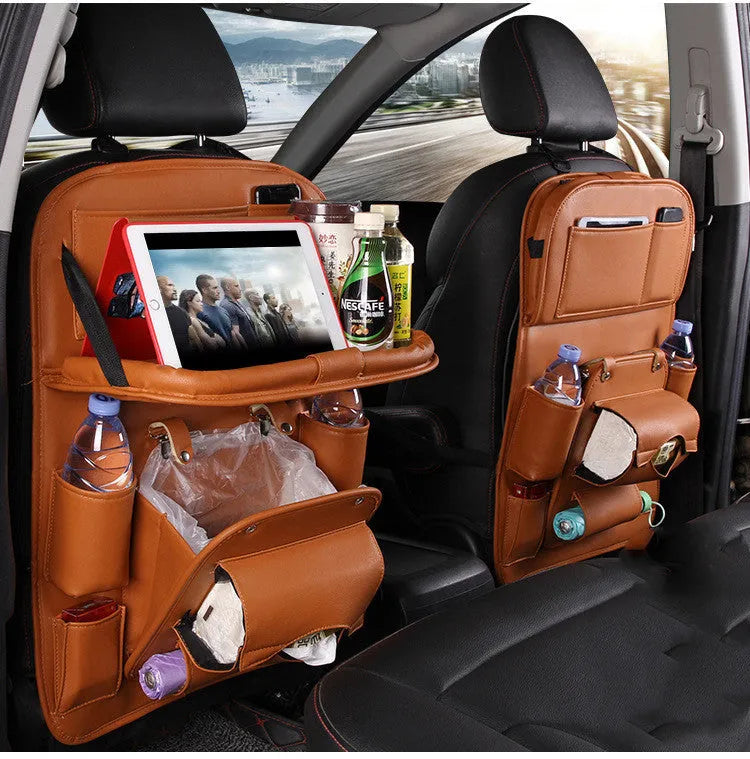 PU leather car seat back hanging organiser with pockets and built-in waste bin in multiple colour options.
