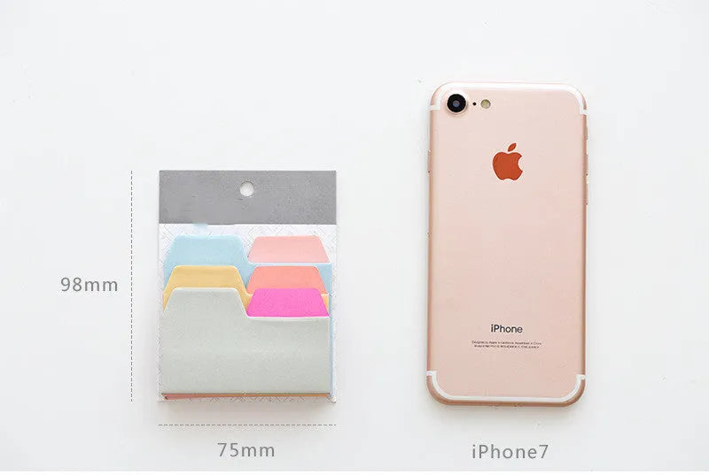 Six colour index sticky notes in assorted shades, 75x98mm paper with special shaped outline