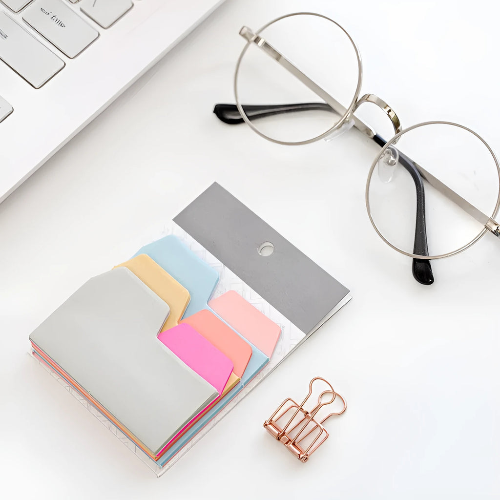 Six colour index sticky notes in assorted shades, 75x98mm paper with special shaped outline