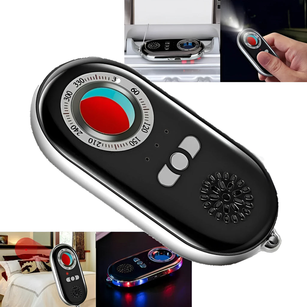 Compact black wireless signal detector and anti-theft alarm with vibration sensor.