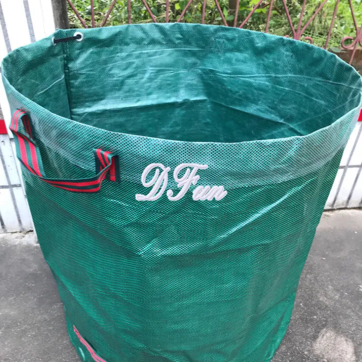 Green PP film garden leaf bag for collecting fallen leaves and plant debris, shown with size options.