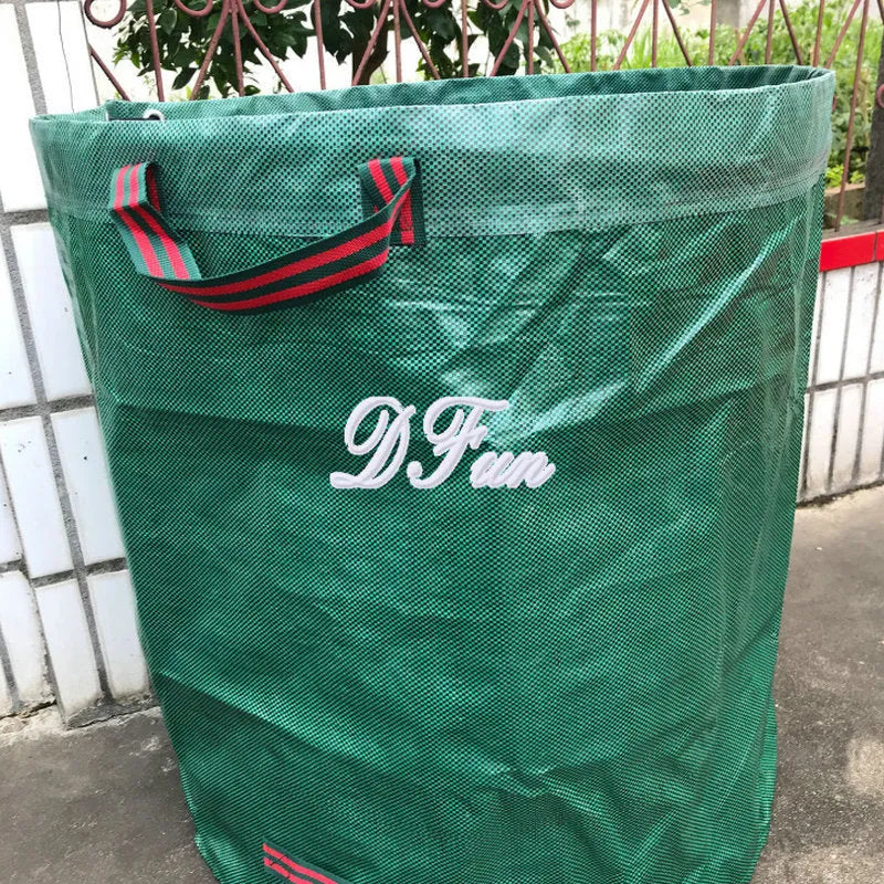 Green PP film garden leaf bag for collecting fallen leaves and plant debris, shown with size options.