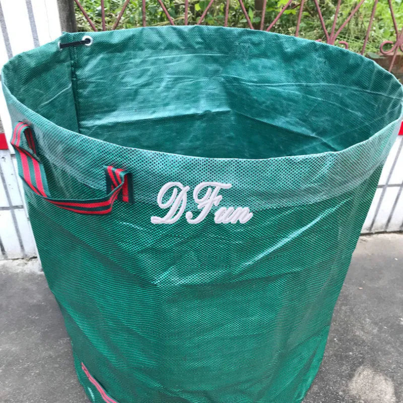 Green PP film garden leaf bag for collecting fallen leaves and plant debris, shown with size options.