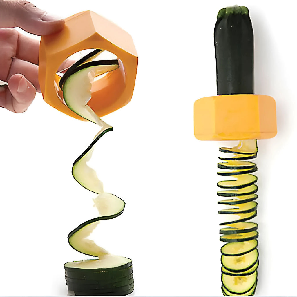 Yellow and green plastic spiral vegetable cutter on kitchen counter