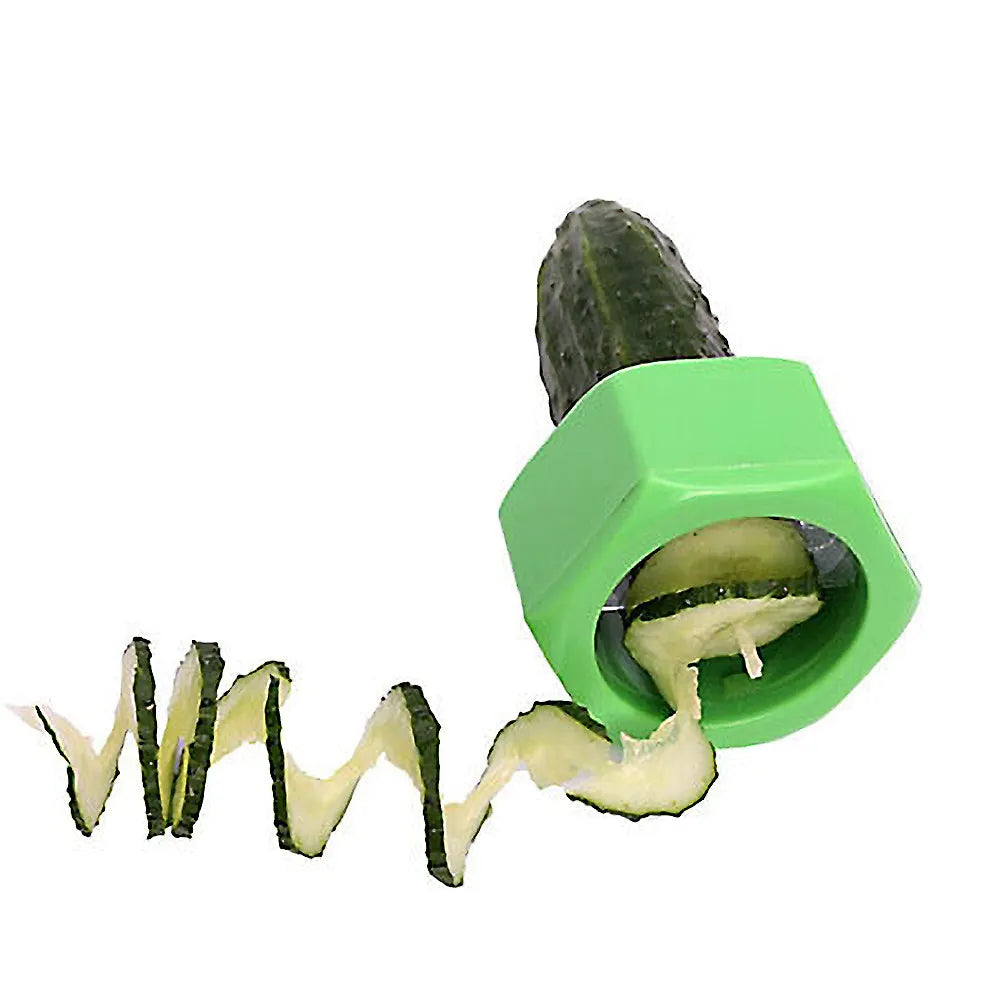 Yellow and green plastic spiral vegetable cutter on kitchen counter
