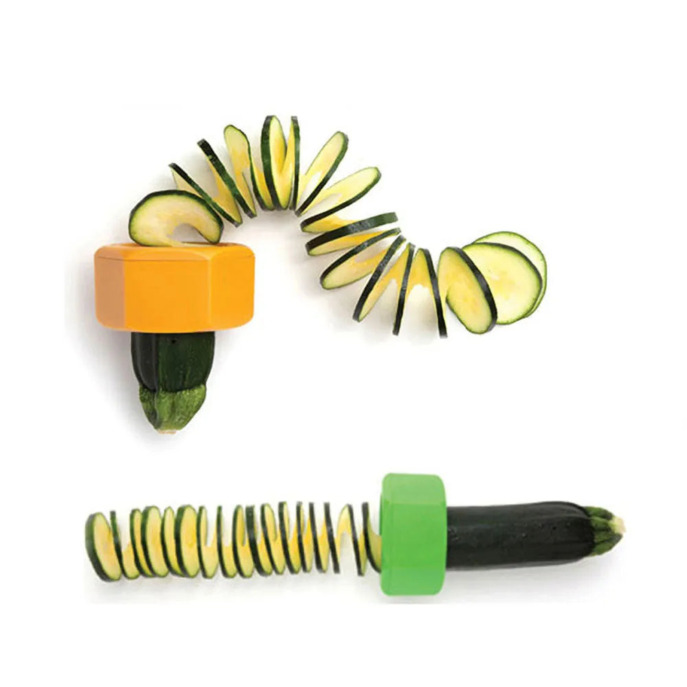 Yellow and green plastic spiral vegetable cutter on kitchen counter