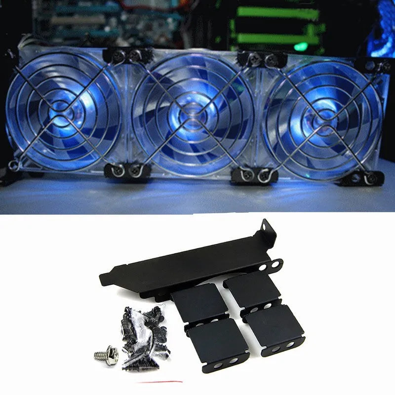 Graphics card cooling fan bracket supporting three 8cm or 9cm fans for GPU temperature management