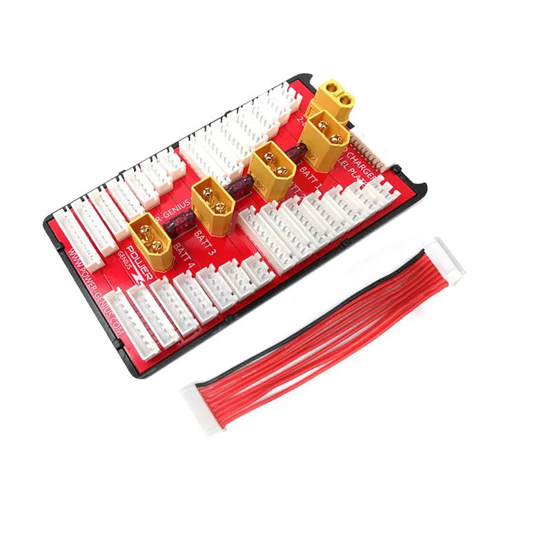 RC parallel charging board with gold connectors and silicone wires for charging four LiPo battery packs at once.