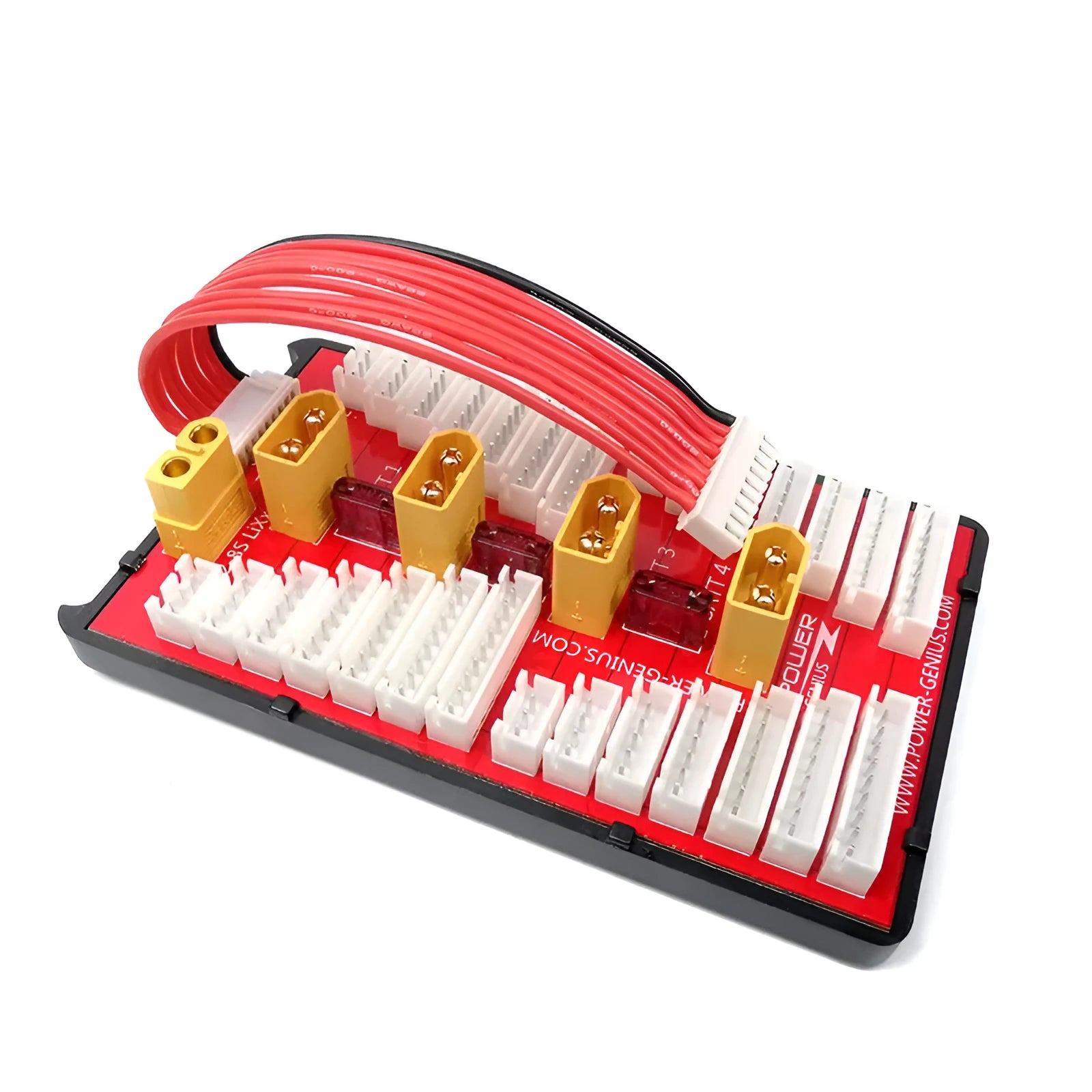 RC parallel charging board with gold connectors and silicone wires for charging four LiPo battery packs at once.