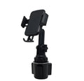 Black ABS car phone holder with adjustable arm and 360-degree rotating head on a buckle base.