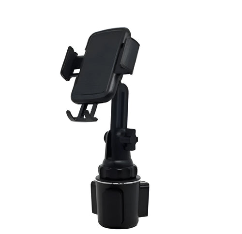 Black ABS car phone holder with adjustable arm and 360-degree rotating head on a buckle base.