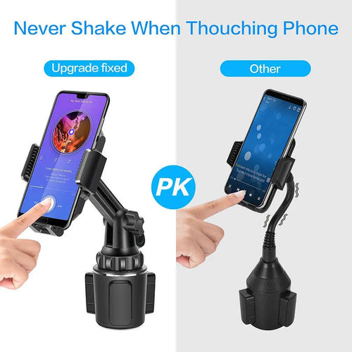 Black ABS car phone holder with adjustable arm and 360-degree rotating head on a buckle base.