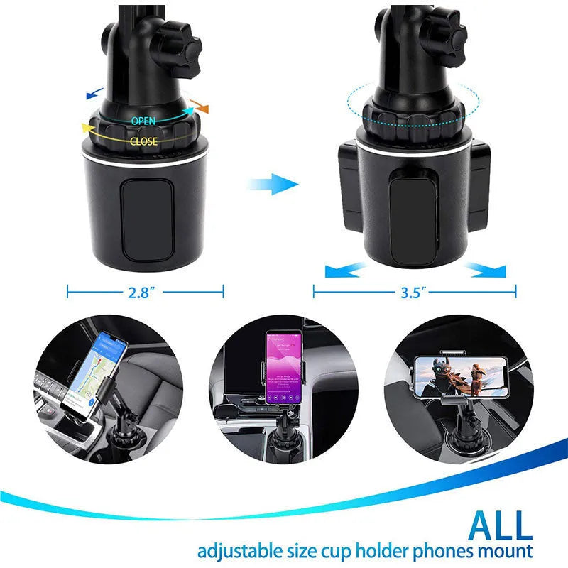 Black ABS car phone holder with adjustable arm and 360-degree rotating head on a buckle base.