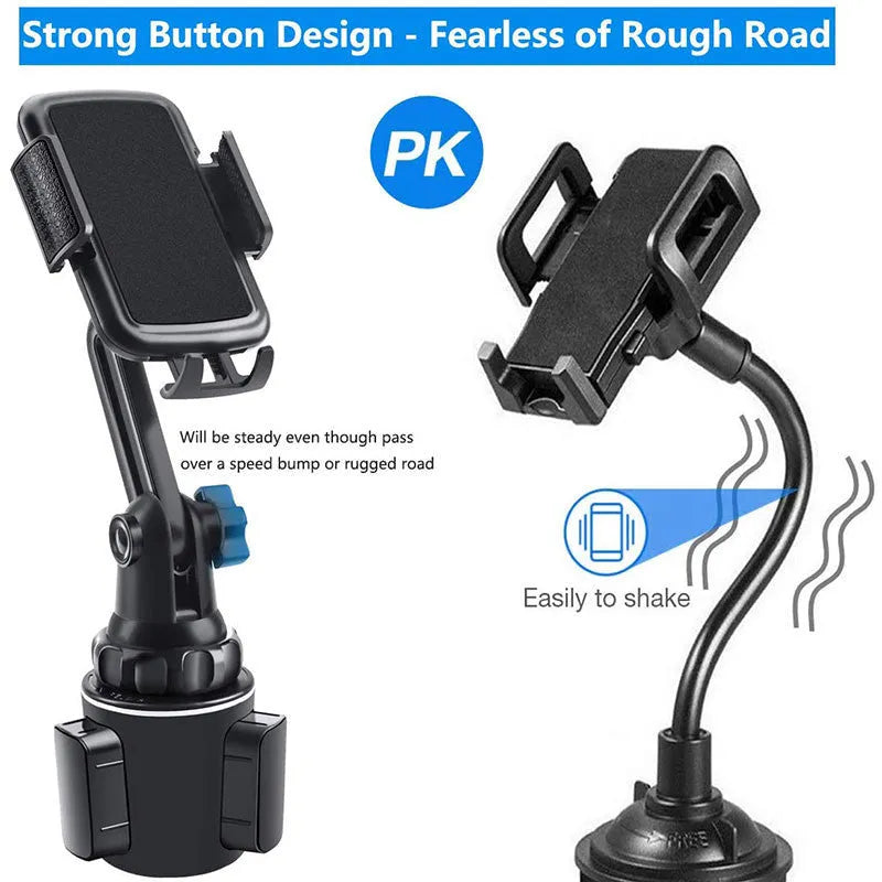 Black ABS car phone holder with adjustable arm and 360-degree rotating head on a buckle base.