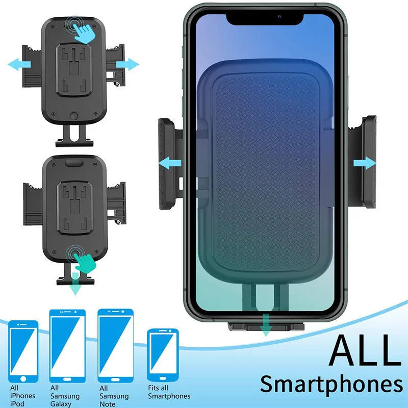 Black ABS car phone holder with adjustable arm and 360-degree rotating head on a buckle base.
