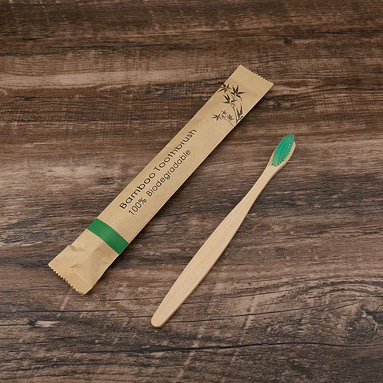 Set of 10 bamboo toothbrushes in multiple colours showing natural bamboo handles and soft bristles