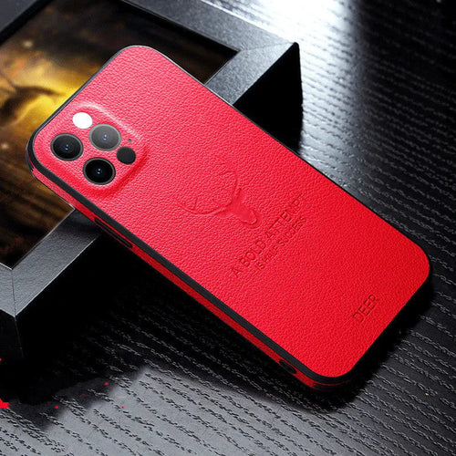 Square frame leather texture iPhone case in multiple colours showing camera protection design