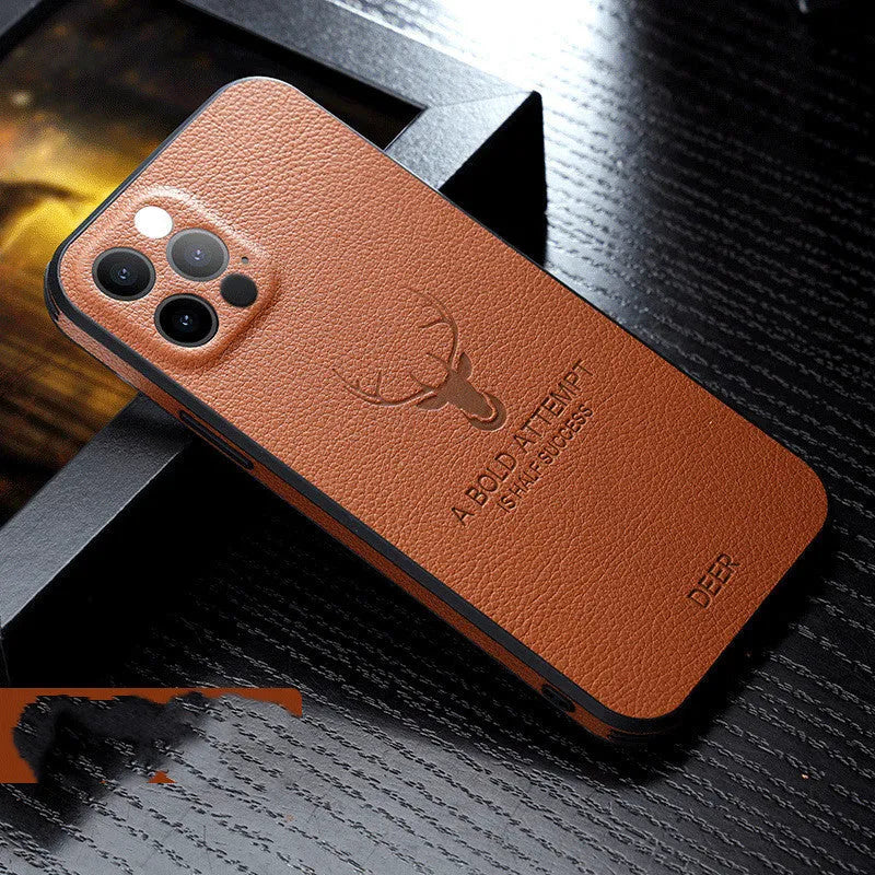 Square frame leather texture iPhone case in multiple colours showing camera protection design