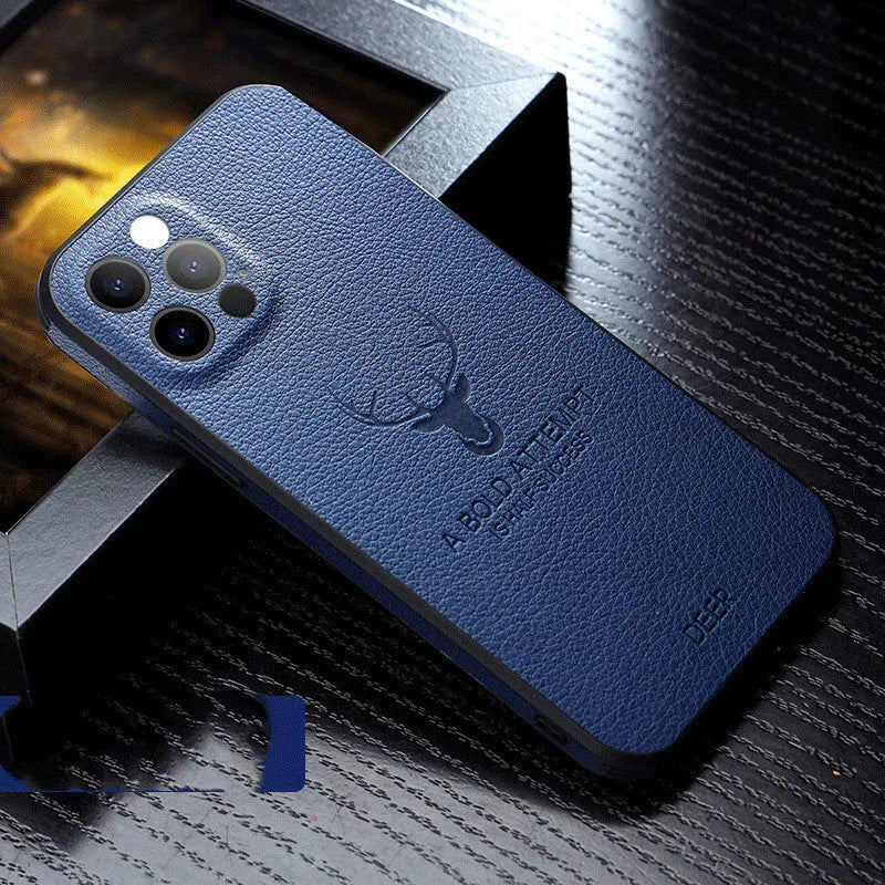 Square frame leather texture iPhone case in multiple colours showing camera protection design