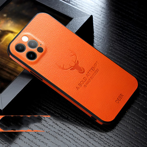 Square frame leather texture iPhone case in multiple colours showing camera protection design