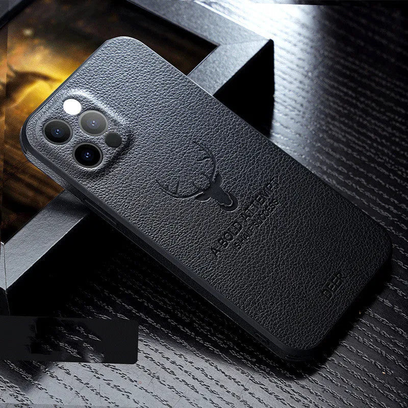Square frame leather texture iPhone case in multiple colours showing camera protection design