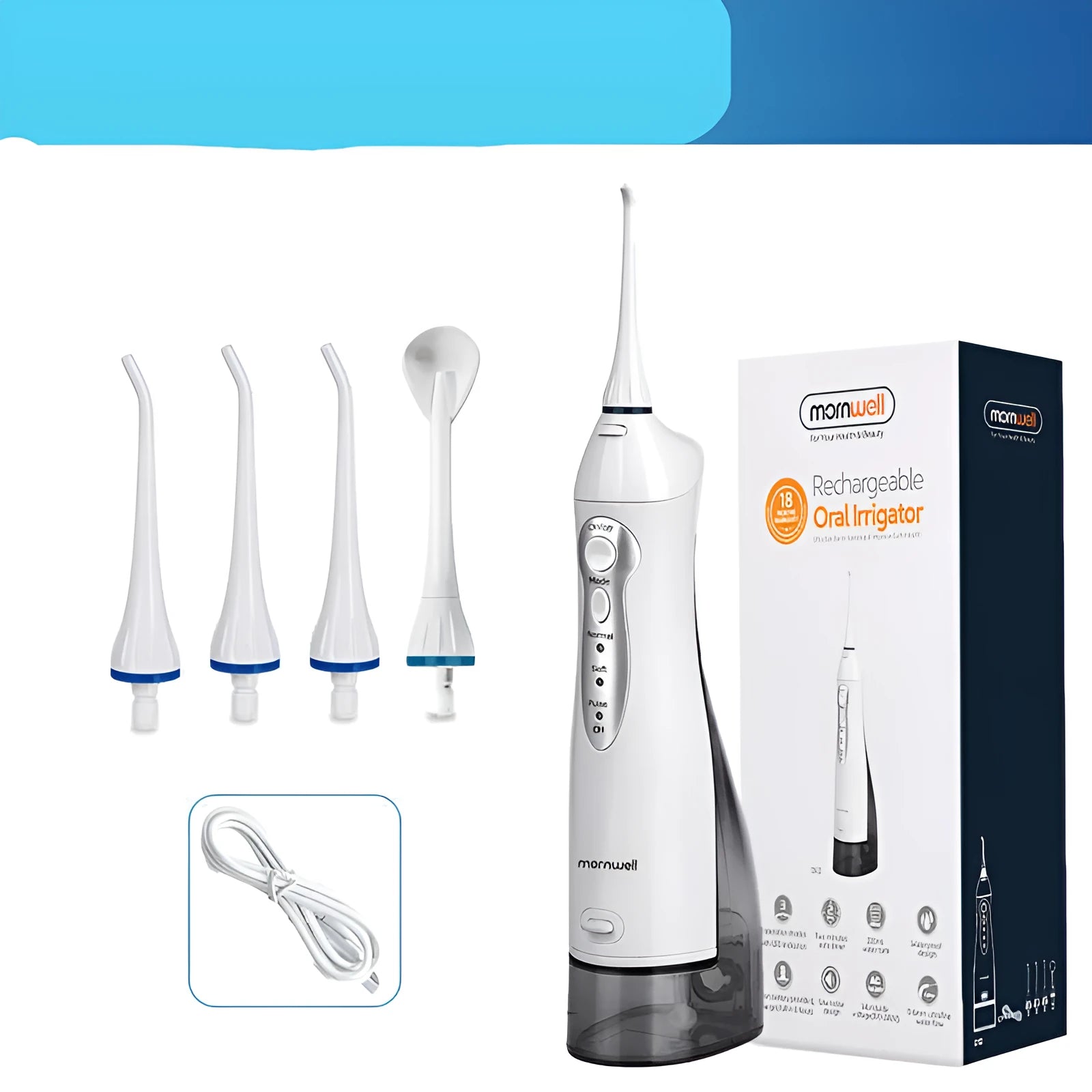 White portable oral irrigator with large water tank and multiple nozzles on a bathroom counter