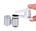 White 60X universal mobile phone clip magnifier attached to smartphone camera for macro photography