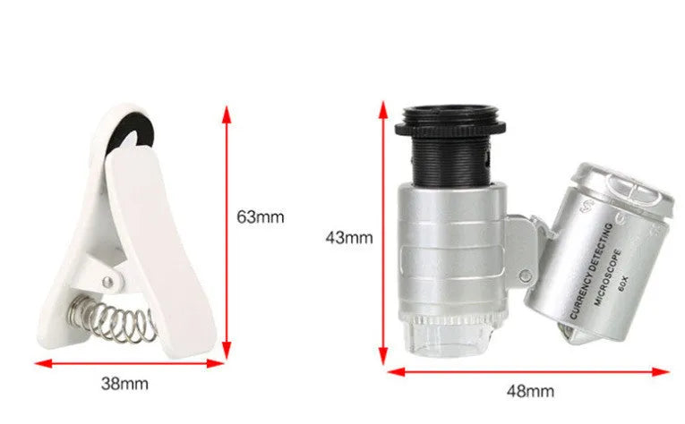 White 60X universal mobile phone clip magnifier attached to smartphone camera for macro photography