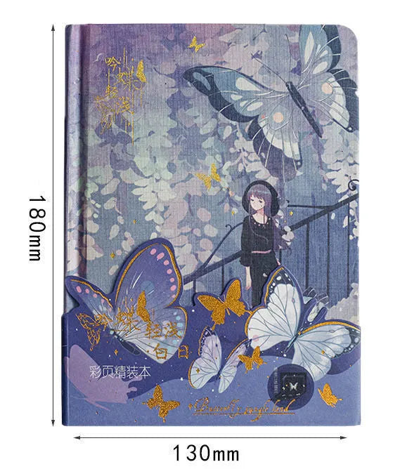 A5 hardcover notebook with decorative butterfly design and colour pages.