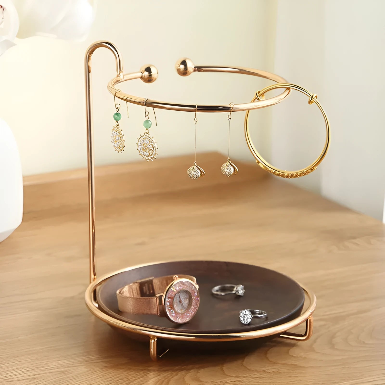 Walnut solid wood jewellery and key rack with electroplated iron hooks