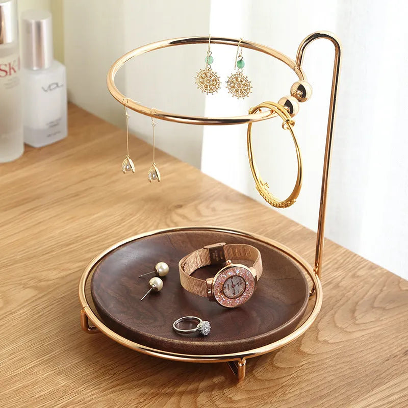 Walnut solid wood jewellery and key rack with electroplated iron hooks