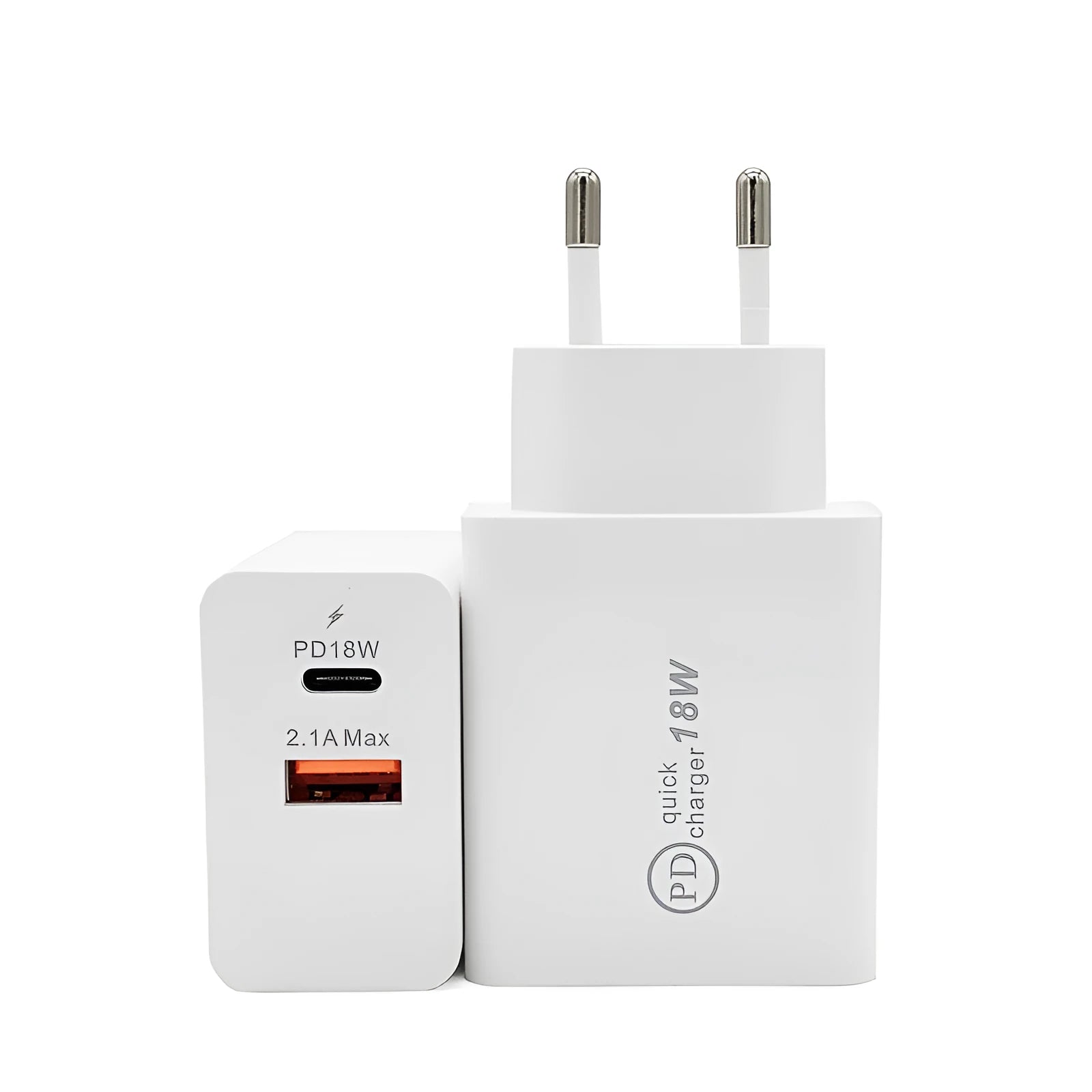 18W USB-C PD fast wall charger in black or white with US plug or EU plug option.