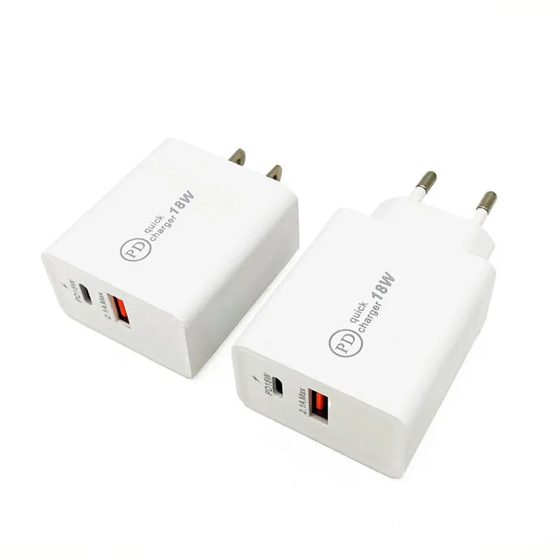 18W USB-C PD fast wall charger in black or white with US plug or EU plug option.