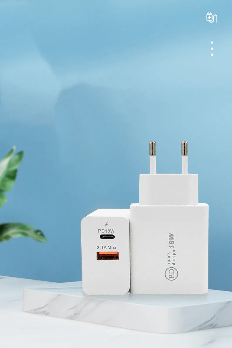 18W USB-C PD fast wall charger in black or white with US plug or EU plug option.