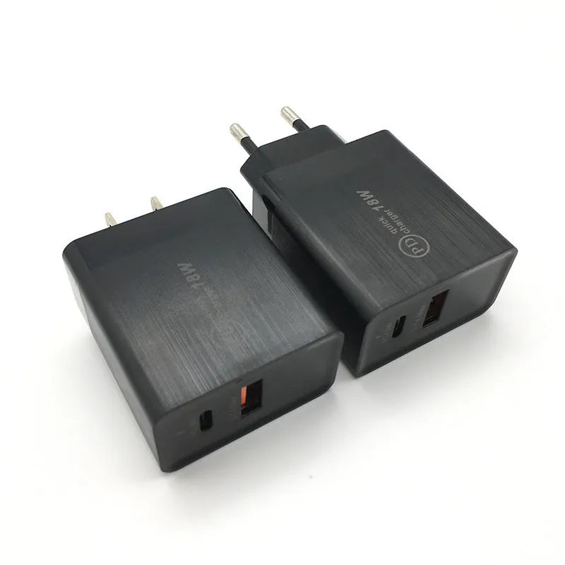 18W USB-C PD fast wall charger in black or white with US plug or EU plug option.
