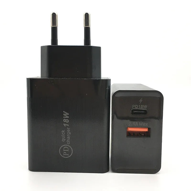 18W USB-C PD fast wall charger in black or white with US plug or EU plug option.