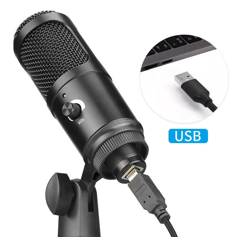 Black Zhongtong AK-6 USB condenser microphone with stand for computer recording and streaming.
