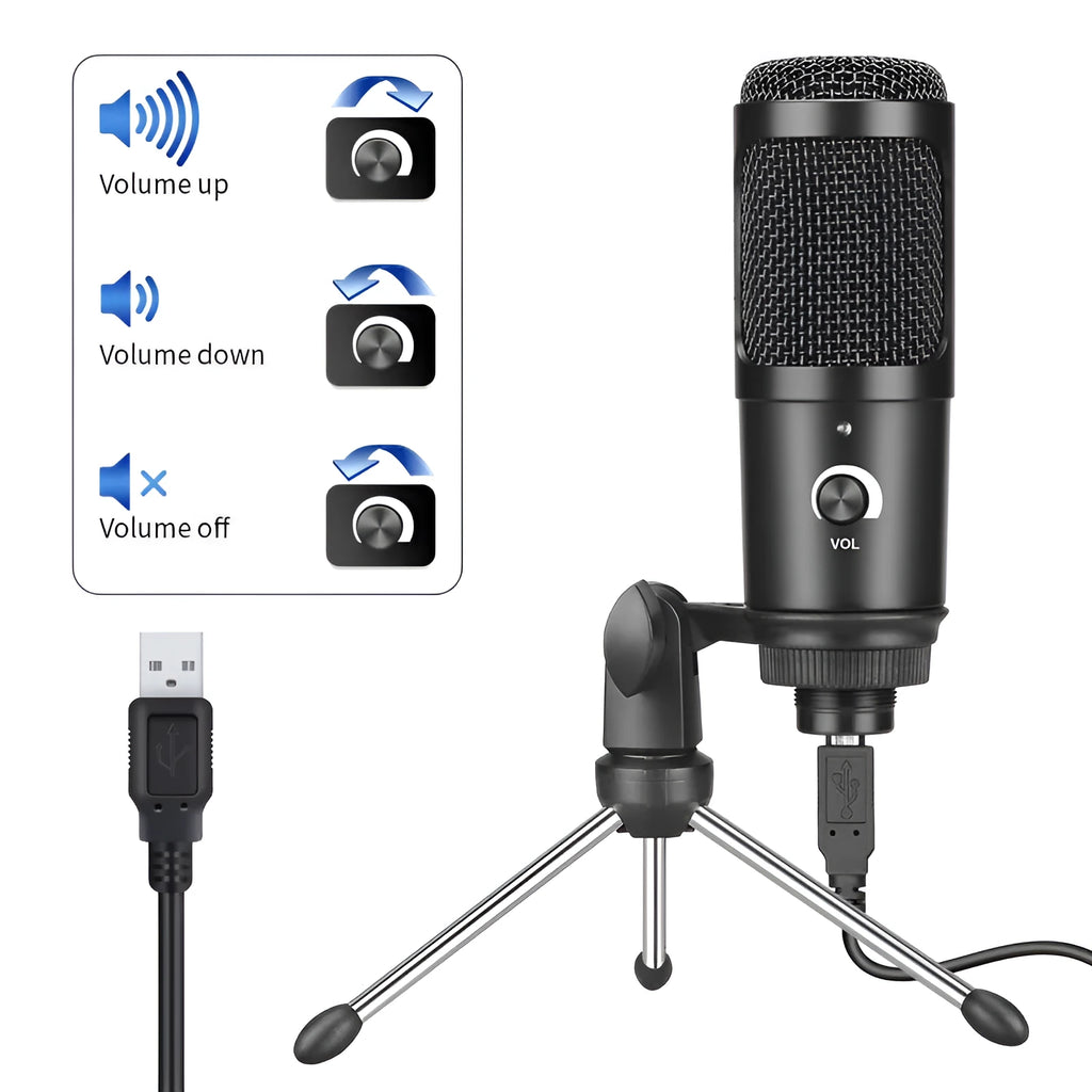 Black Zhongtong AK-6 USB condenser microphone with stand for computer recording and streaming.