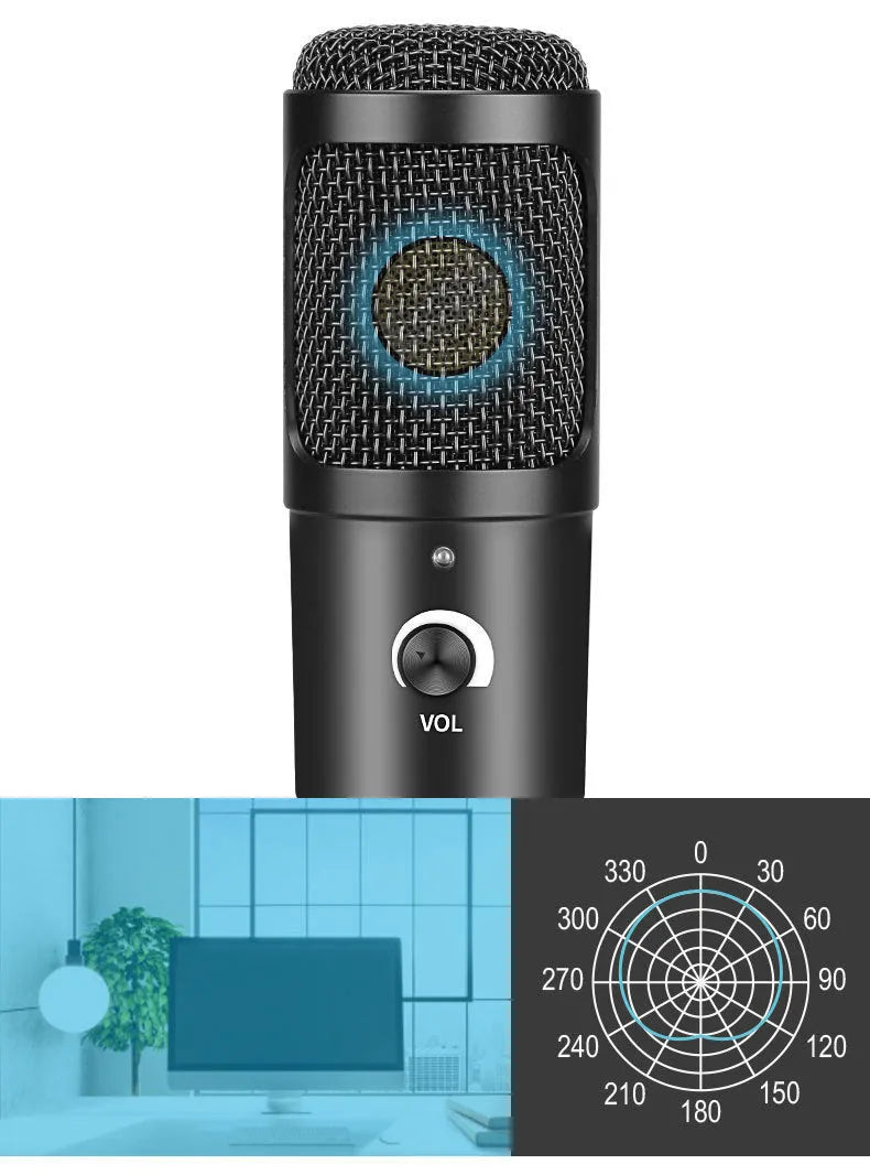 Black Zhongtong AK-6 USB condenser microphone with stand for computer recording and streaming.
